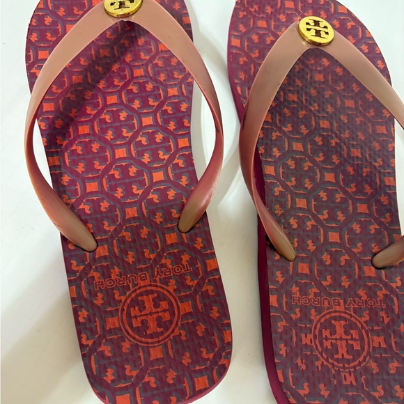 Tory Burch Red and Tan Flip Flops - Picture 2 of 8